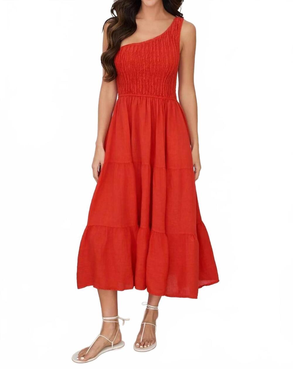 NEW MILIO MILANO shirred tiered maxi one shoulder dress in orange